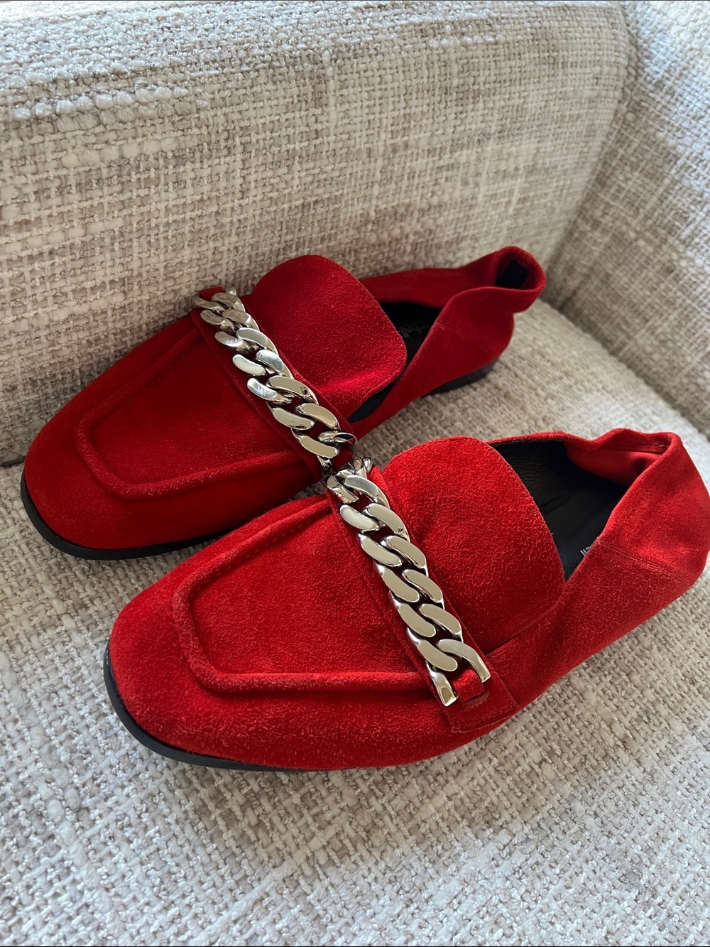 Jeffrey Campbell Red Suede Loafers with Silver Chain